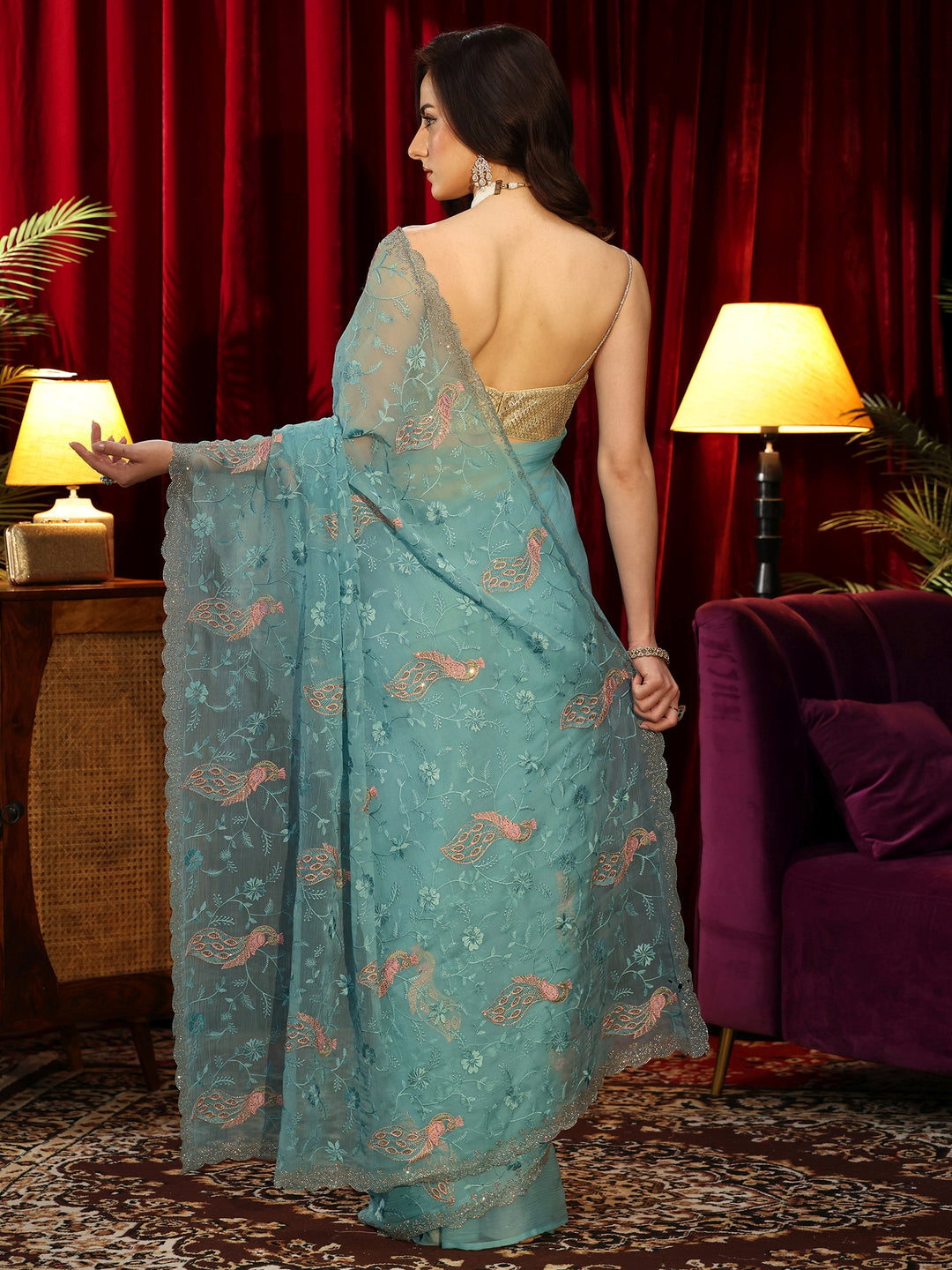 Libas Cerulean Blue Peacock Embroidered Chiffon Saree