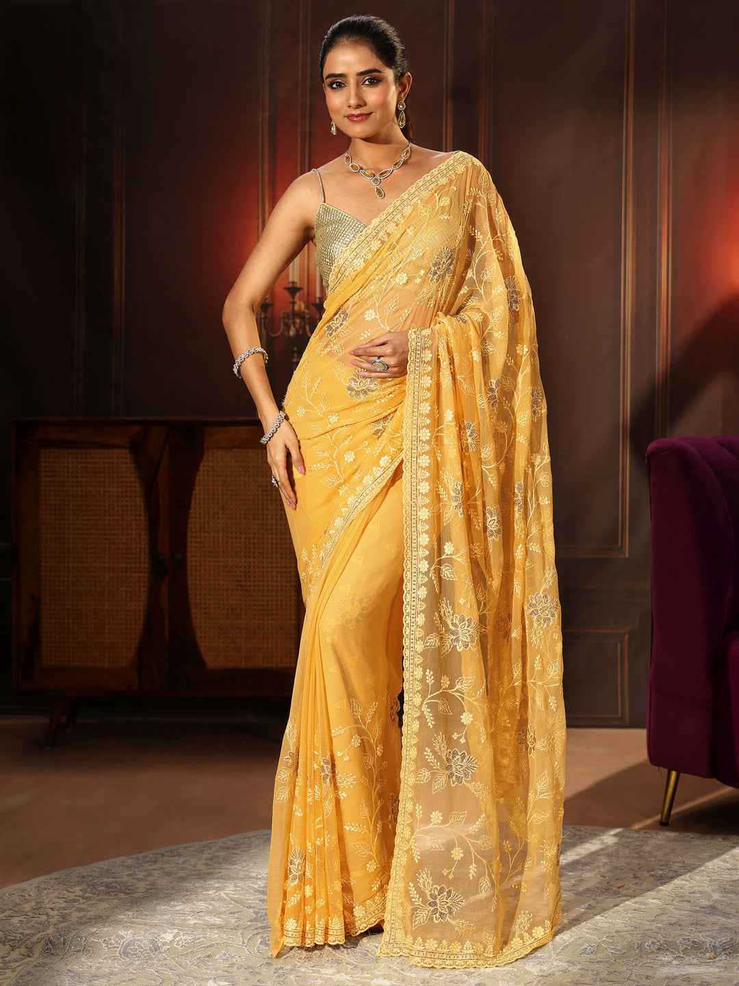 Libas Sunshine Yellow Floral Embroidered Chiffon Saree