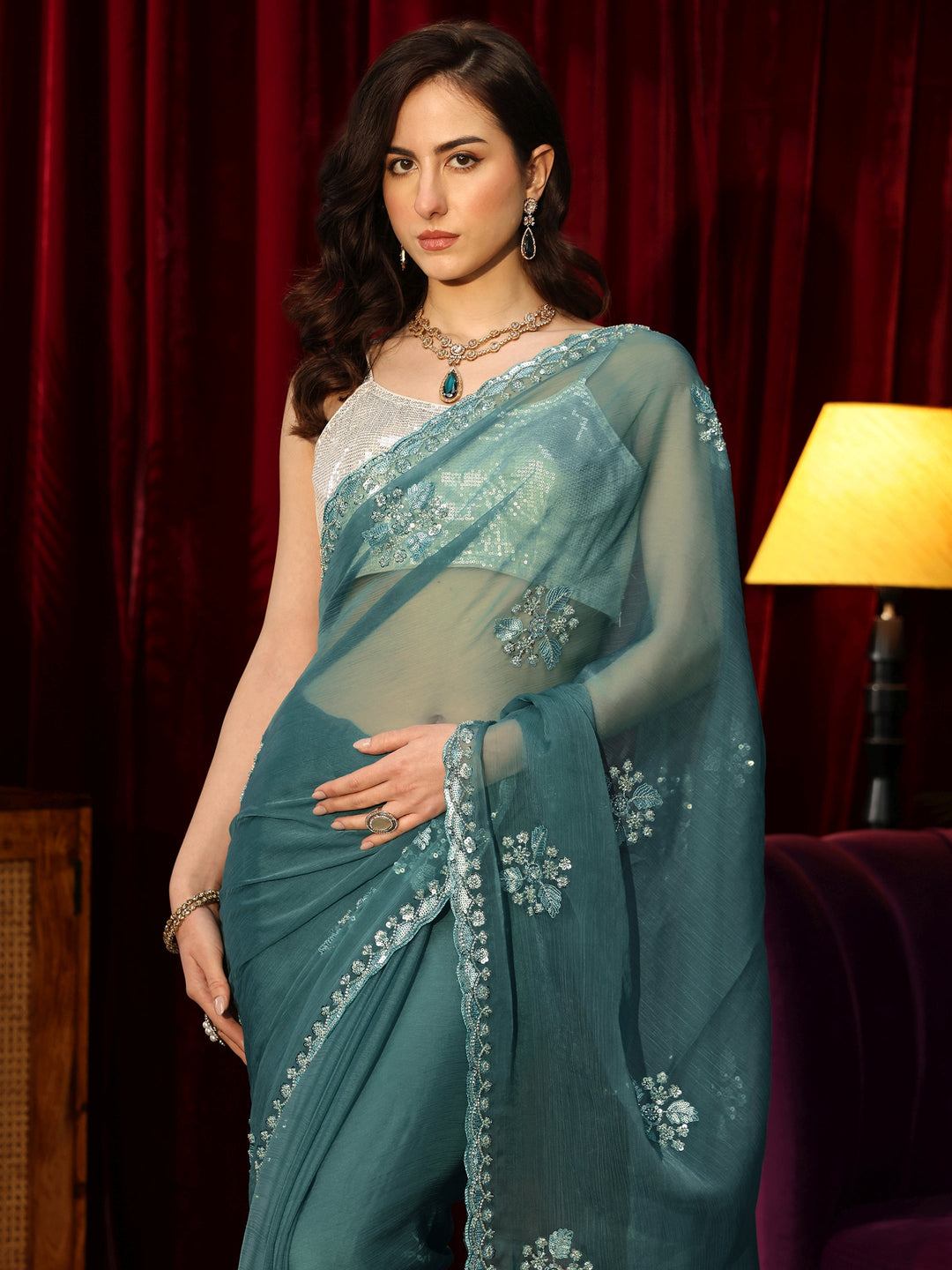 Libas Teal Green Chiffon Saree with Embellished Floral Motifs
