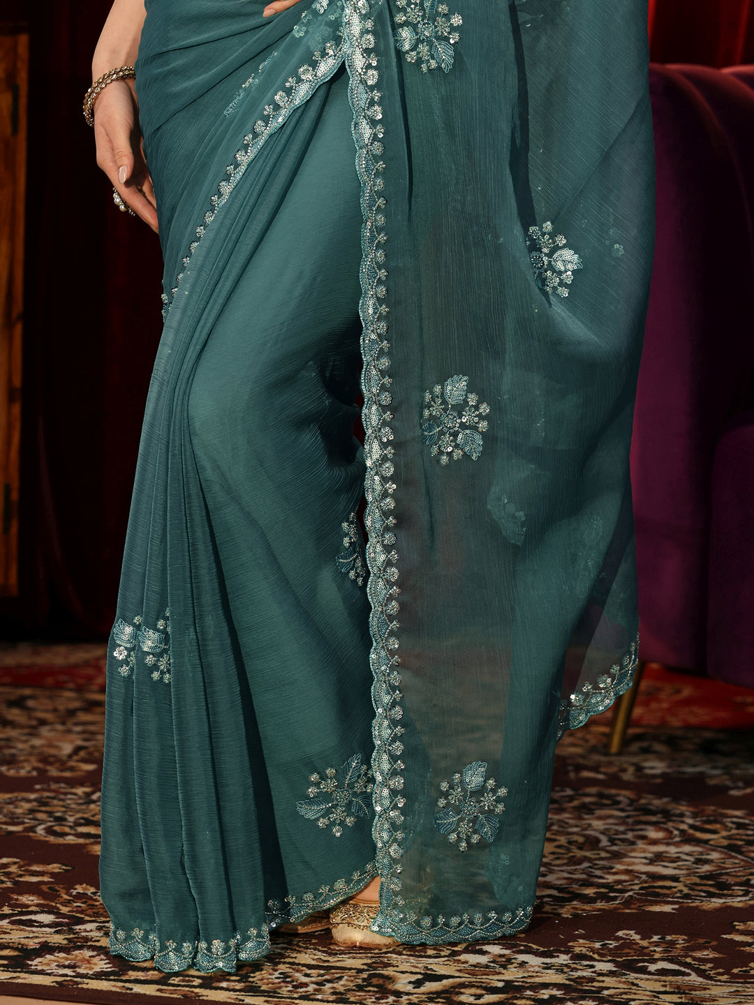 Libas Teal Green Chiffon Saree with Embellished Floral Motifs