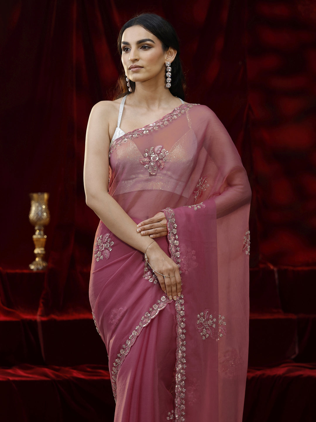 Libas Pink Floral Embellished Chiffon Saree