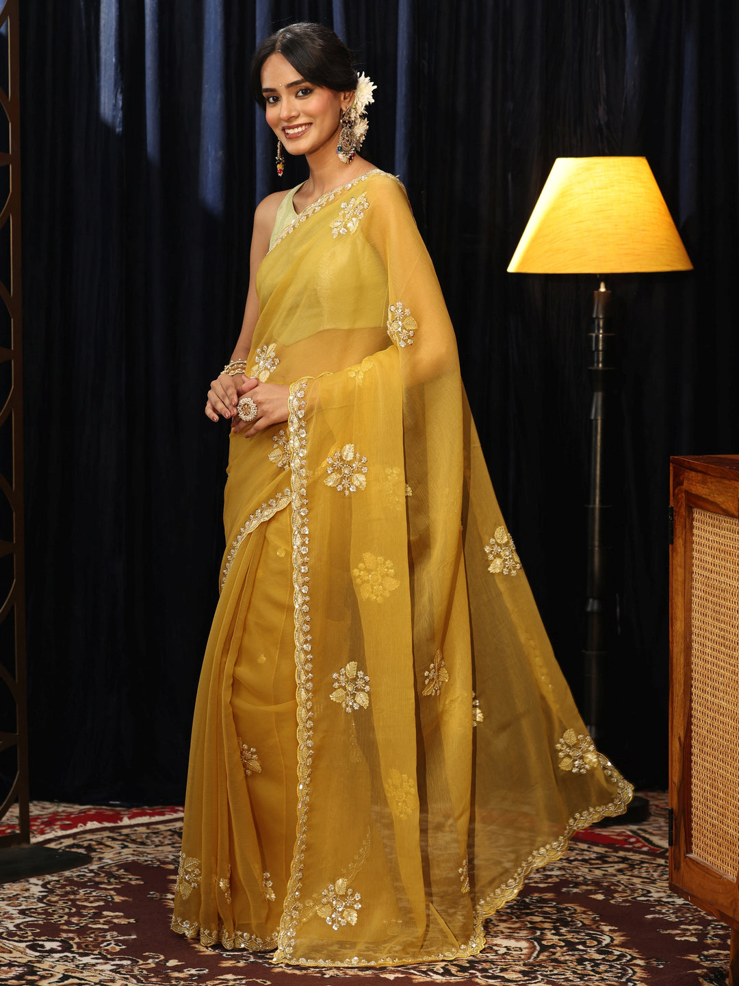 Libas Mustard Chiffon Saree with Embellished Floral Motifs