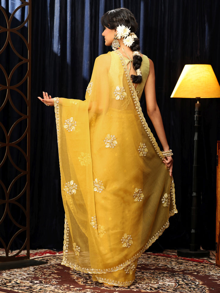 Libas Mustard Chiffon Saree with Embellished Floral Motifs