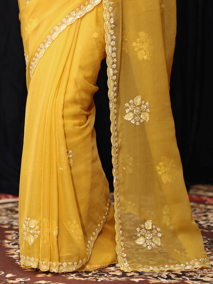 Libas Mustard Chiffon Saree with Embellished Floral Motifs