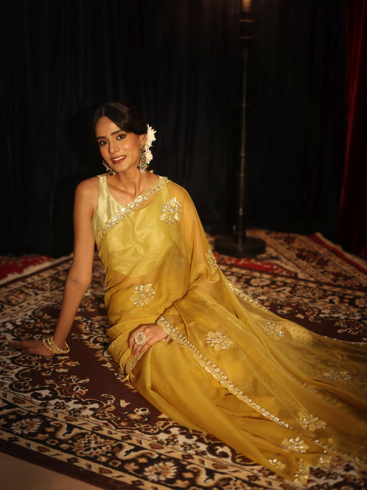 Libas Mustard Chiffon Saree with Embellished Floral Motifs