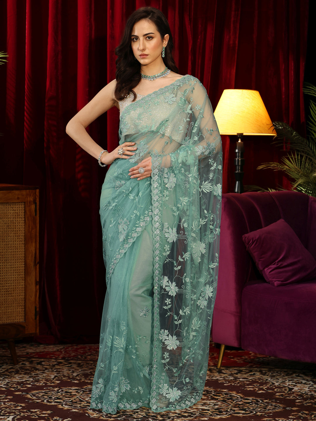 Libas Sea Green Floral Embroidered Net Saree