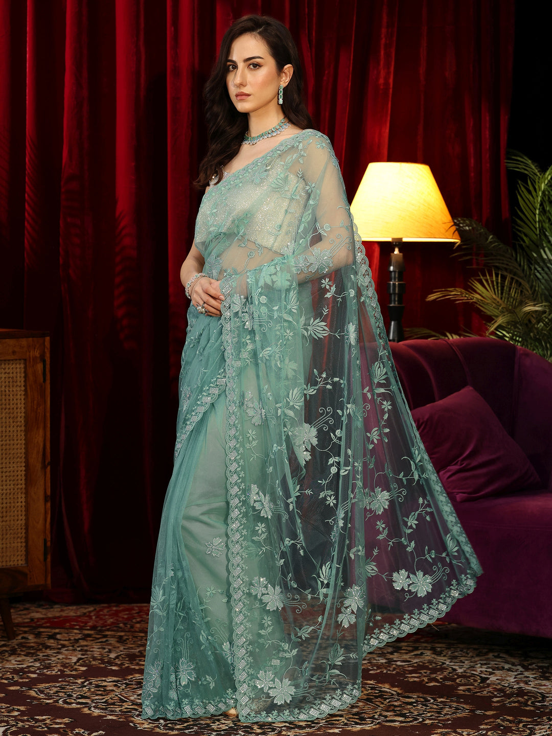 Libas Sea Green Floral Embroidered Net Saree