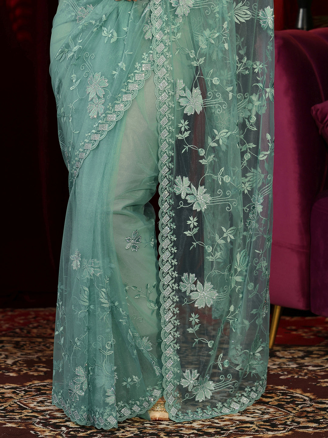 Libas Sea Green Floral Embroidered Net Saree