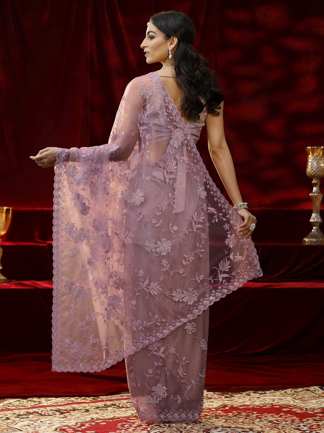 Libas Lavender Floral Embroidered Net Saree