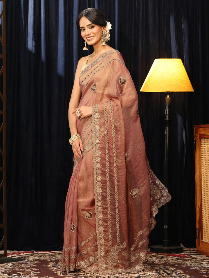 Libas Peach Embellished Tissue Saree