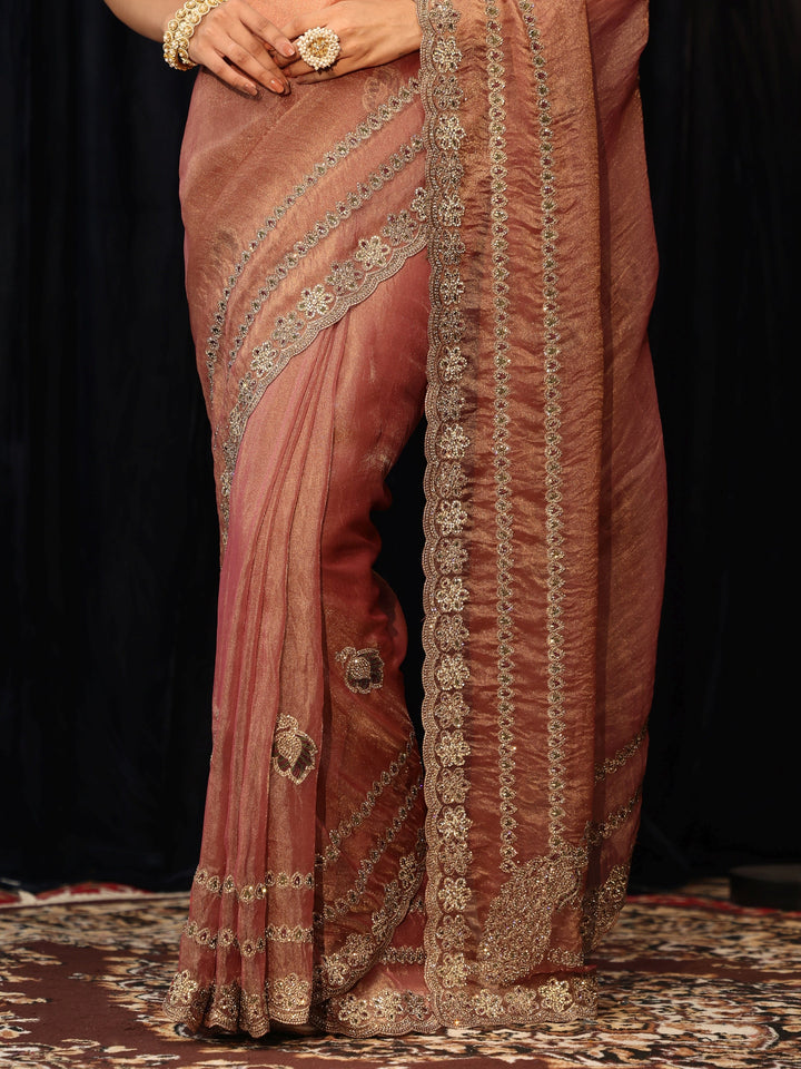 Libas Peach Embellished Tissue Saree