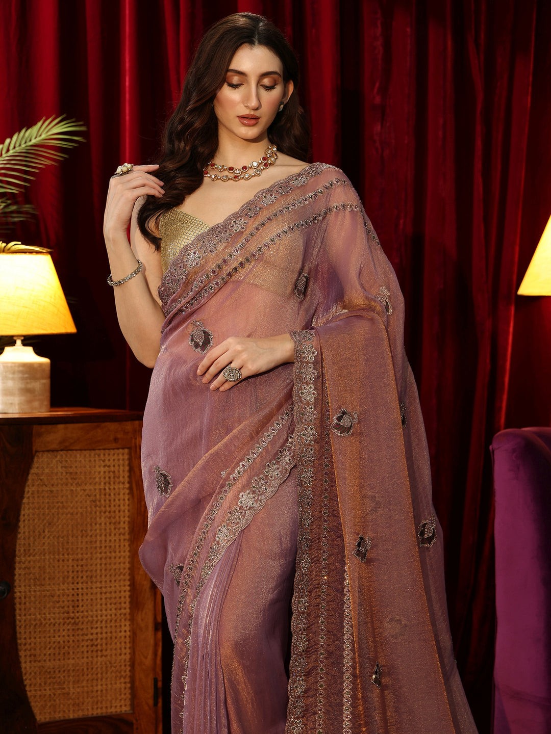 Libas Lavender Embellished Tissue Saree