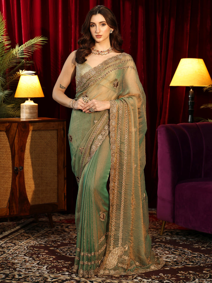 Libas Fern Green Embellished Tissue Saree