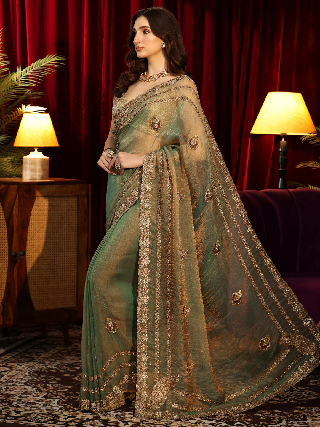 Libas Fern Green Embellished Tissue Saree