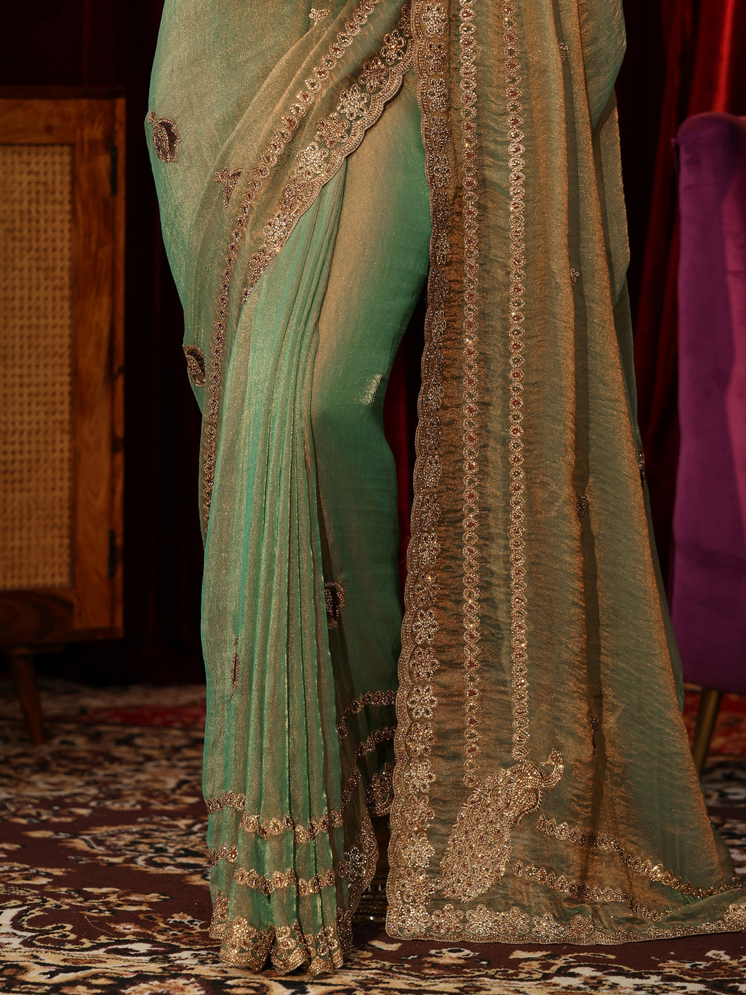 Libas Fern Green Embellished Tissue Saree