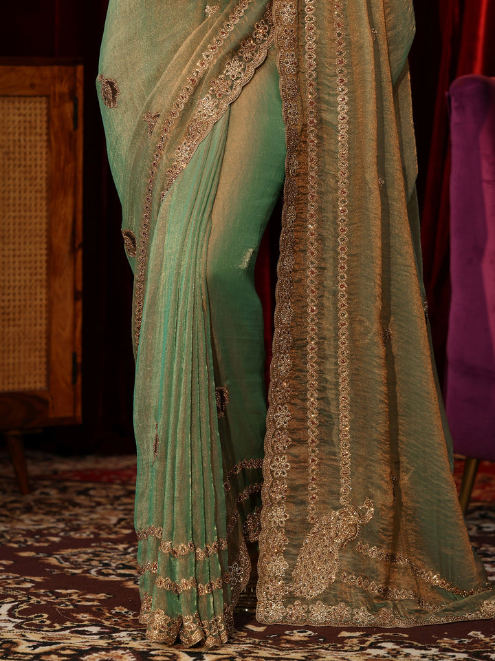 Libas Fern Green Embellished Tissue Saree