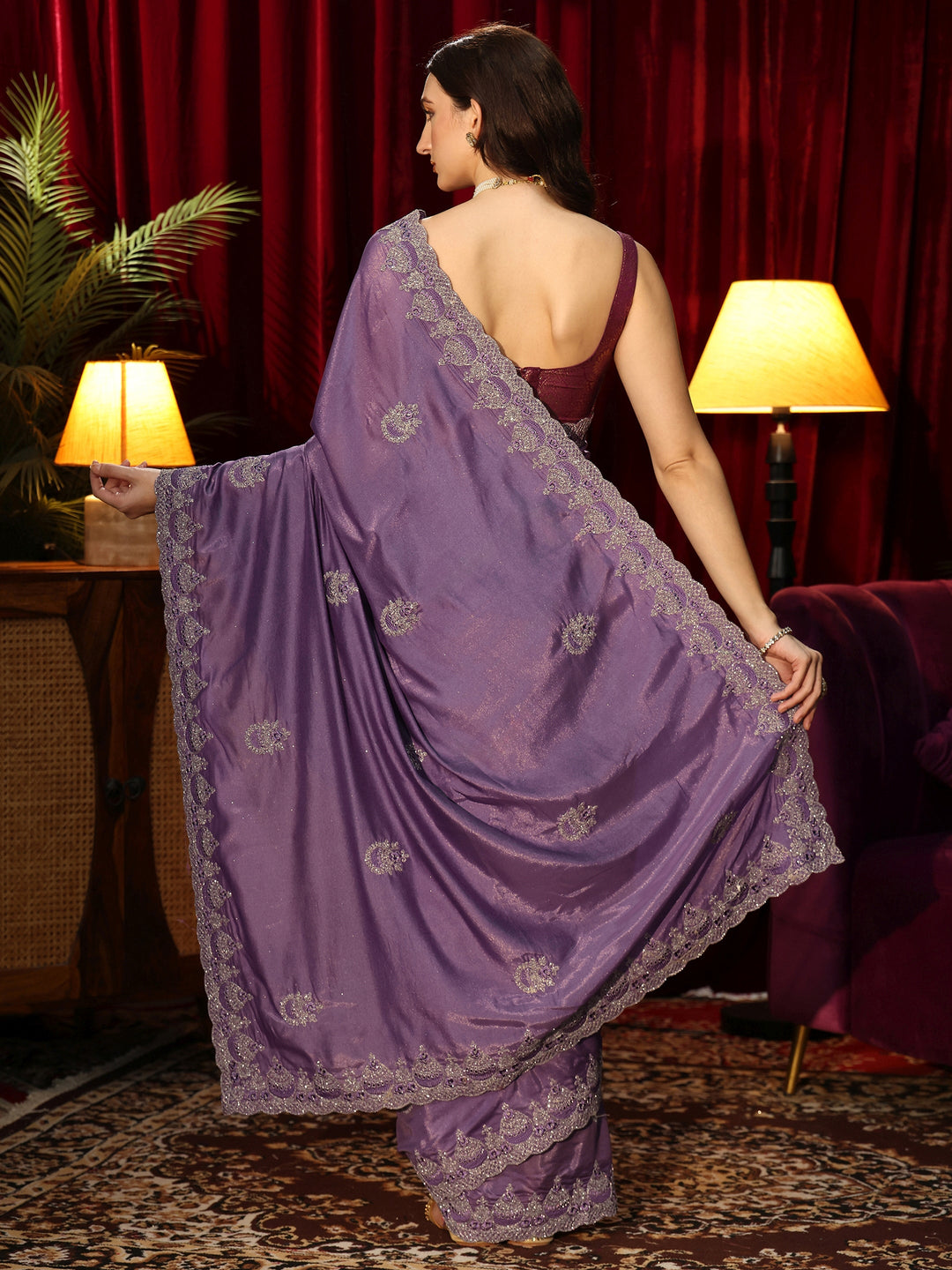 Libas Amethyst Purple Embellished Satin Saree