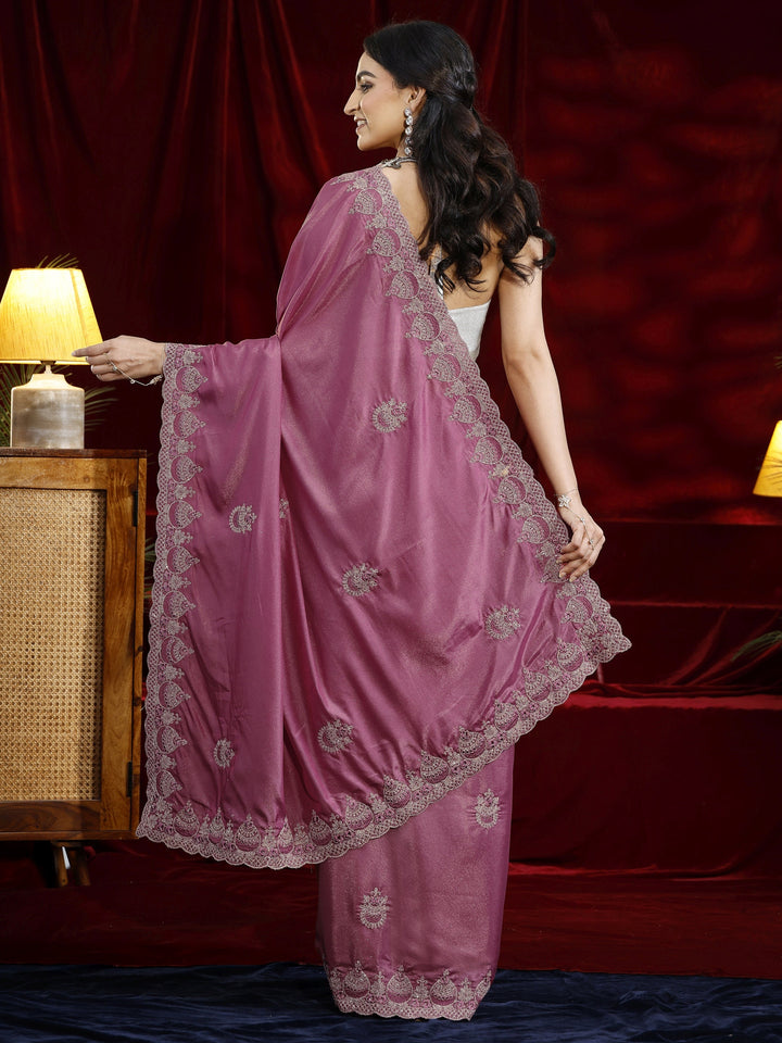 Libas Mauve Ethnic Motif Embroidered Satin Saree