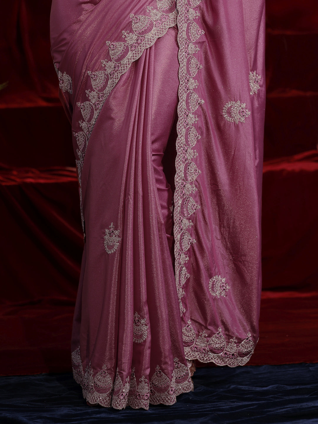 Libas Mauve Ethnic Motif Embroidered Satin Saree