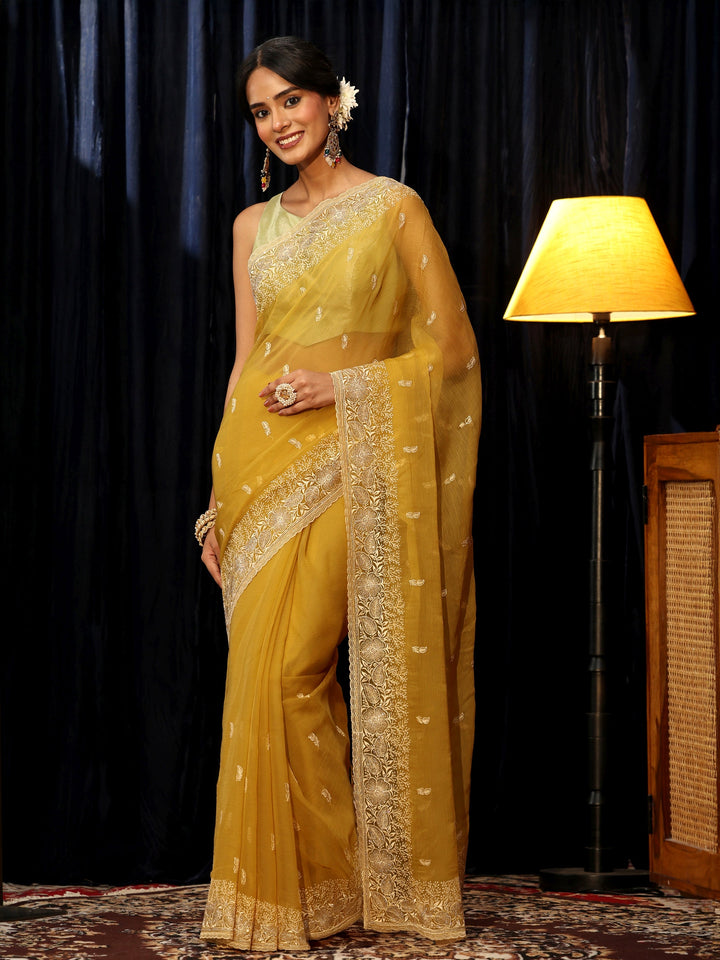 Libas Mustard Chiffon Saree with Floral Border