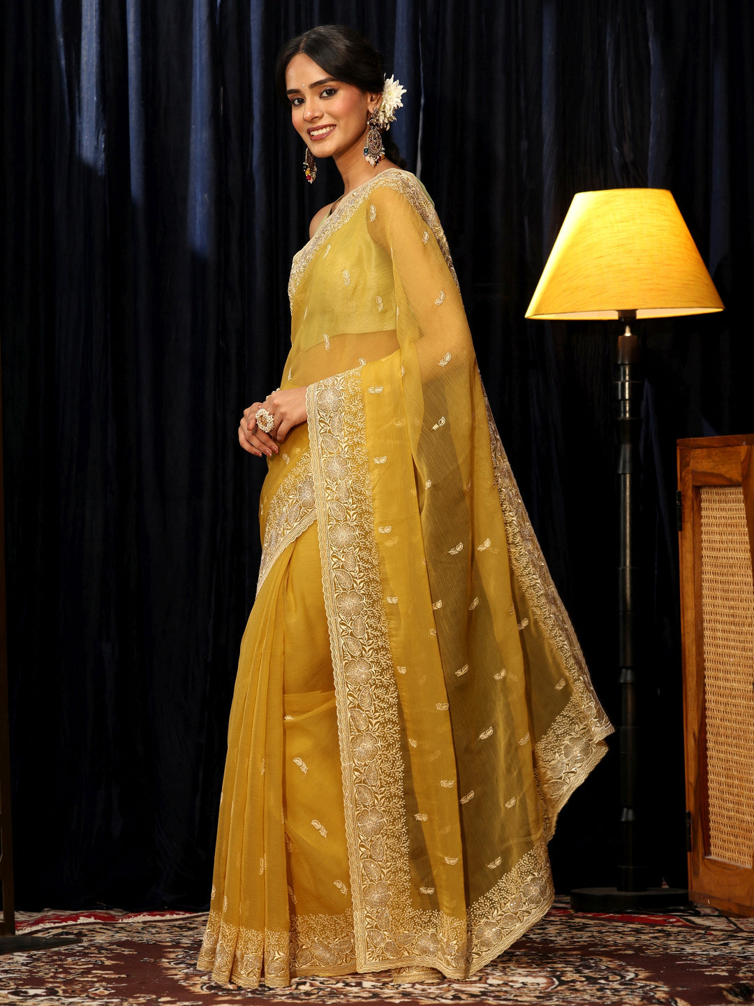 Libas Mustard Chiffon Saree with Floral Border