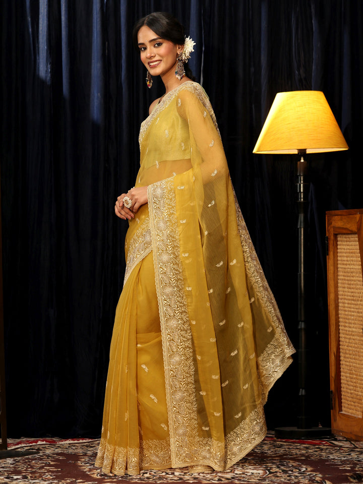 Libas Mustard Chiffon Saree with Floral Border