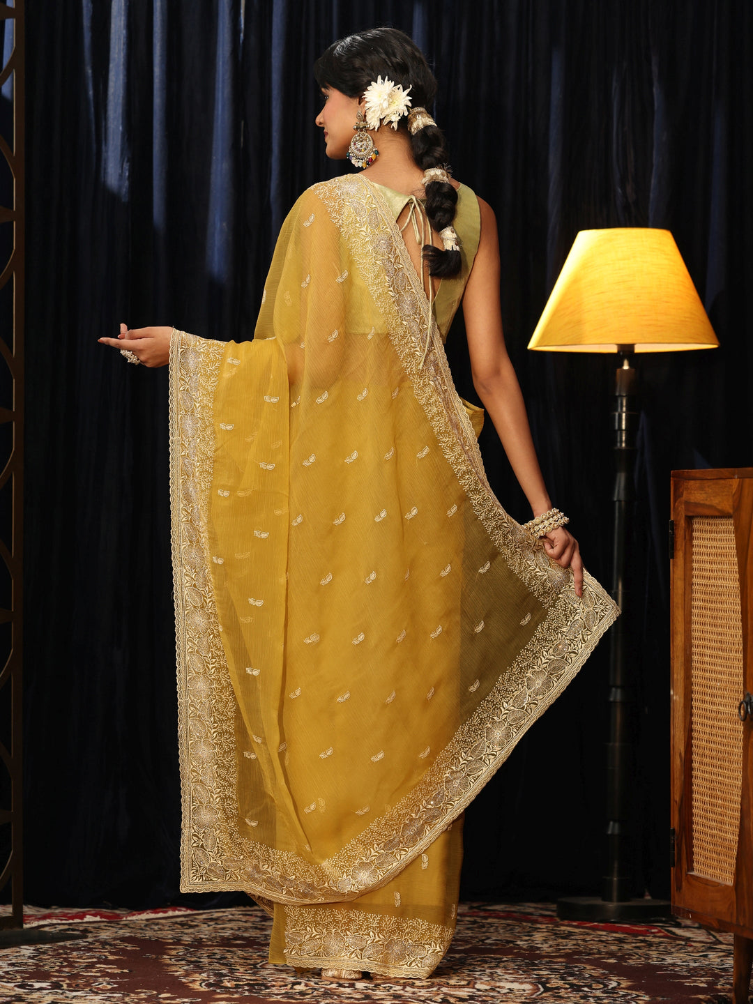Libas Mustard Chiffon Saree with Floral Border