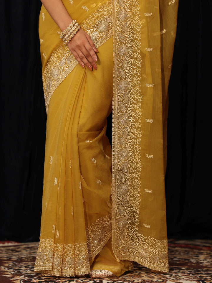 Libas Mustard Chiffon Saree with Floral Border