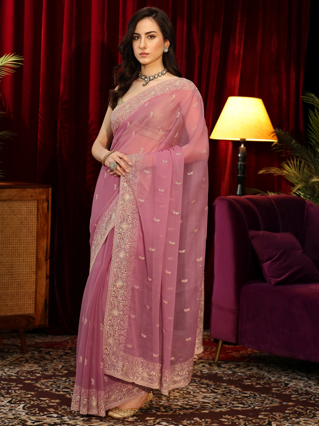 Libas Bubblegum Pink Chiffon Saree with Floral Border