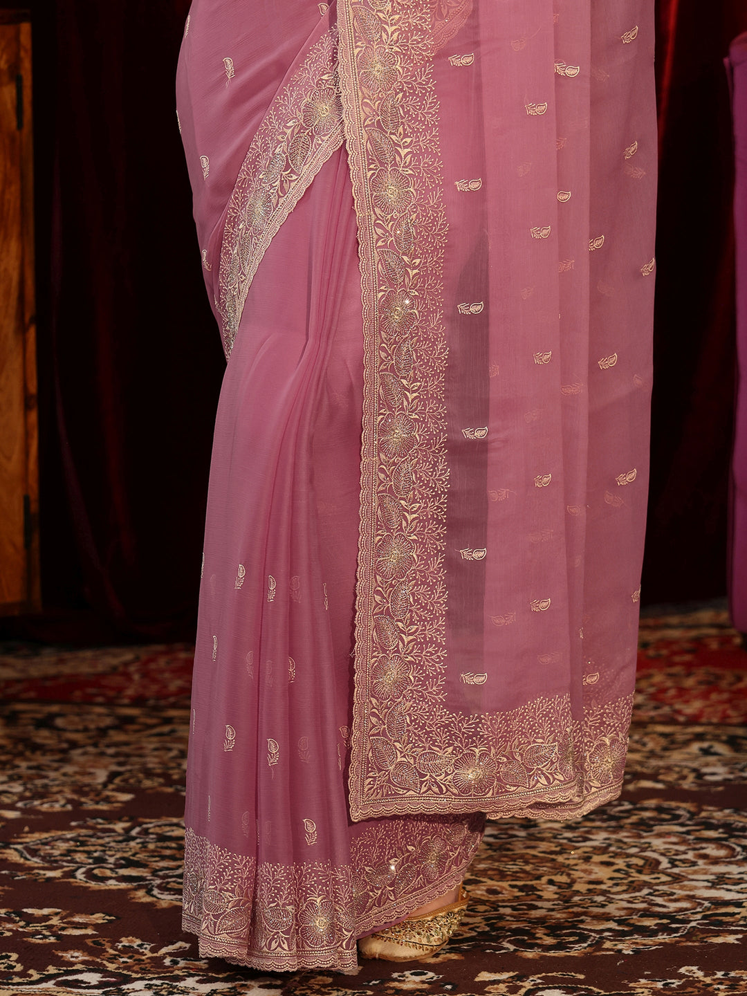 Libas Bubblegum Pink Chiffon Saree with Floral Border