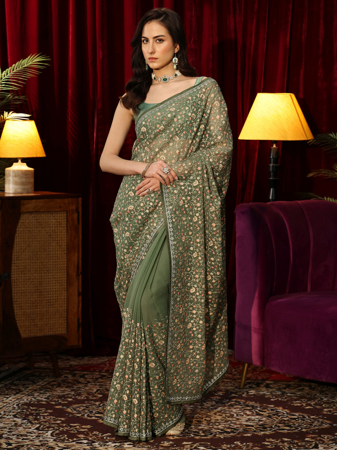 Libas Sap Green Floral Embroidered Chiffon Saree
