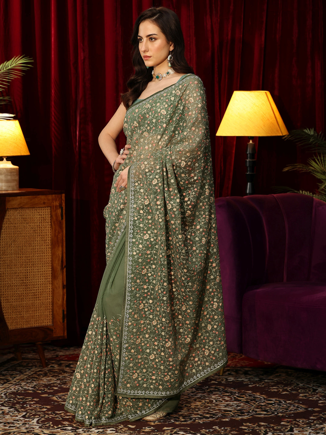 Libas Sap Green Floral Embroidered Chiffon Saree