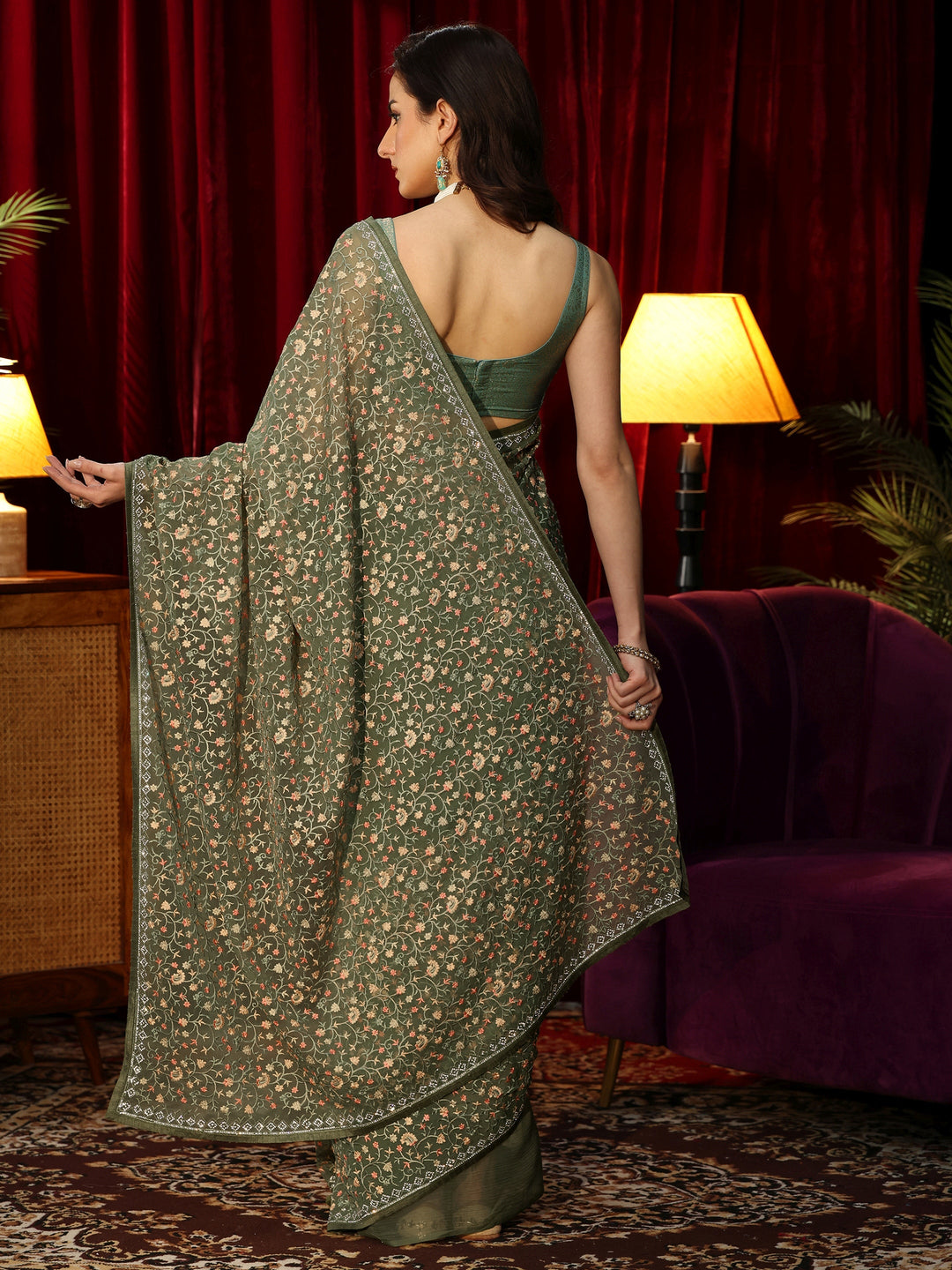 Libas Sap Green Floral Embroidered Chiffon Saree
