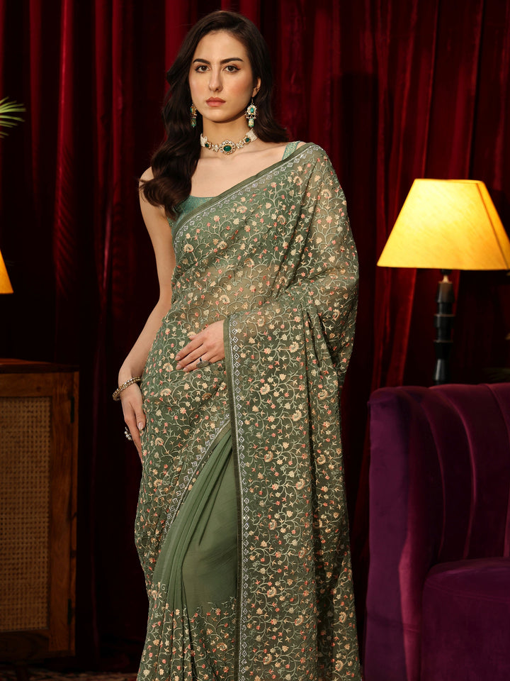 Libas Sap Green Floral Embroidered Chiffon Saree