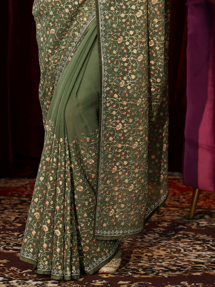 Libas Sap Green Floral Embroidered Chiffon Saree
