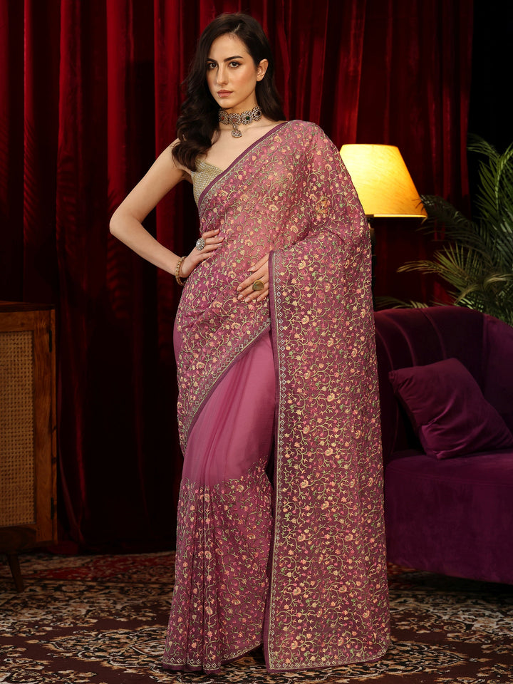 Libas Mauve Floral Embroidered Chiffon Saree
