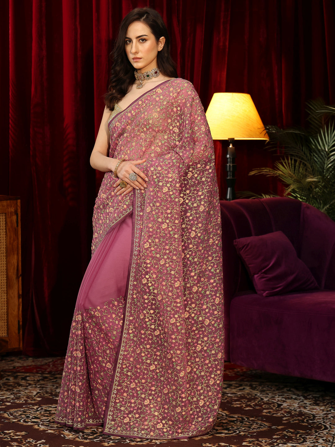 Libas Mauve Floral Embroidered Chiffon Saree