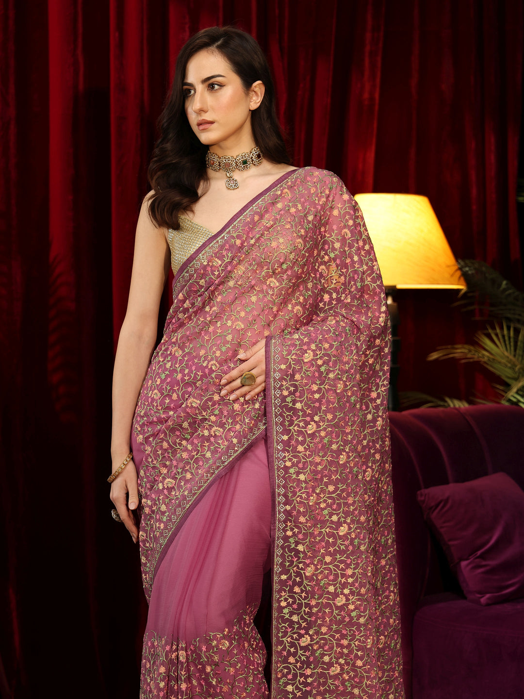 Libas Mauve Floral Embroidered Chiffon Saree