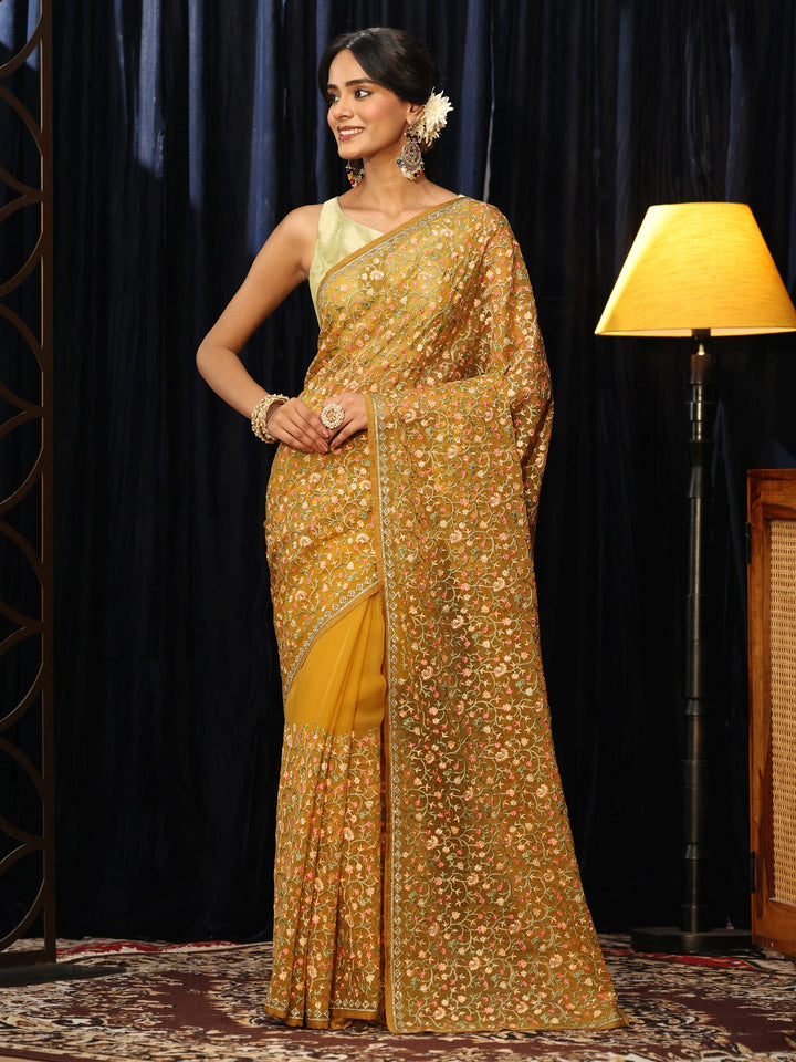 Libas Mustard Floral Embroidered Chiffon Saree