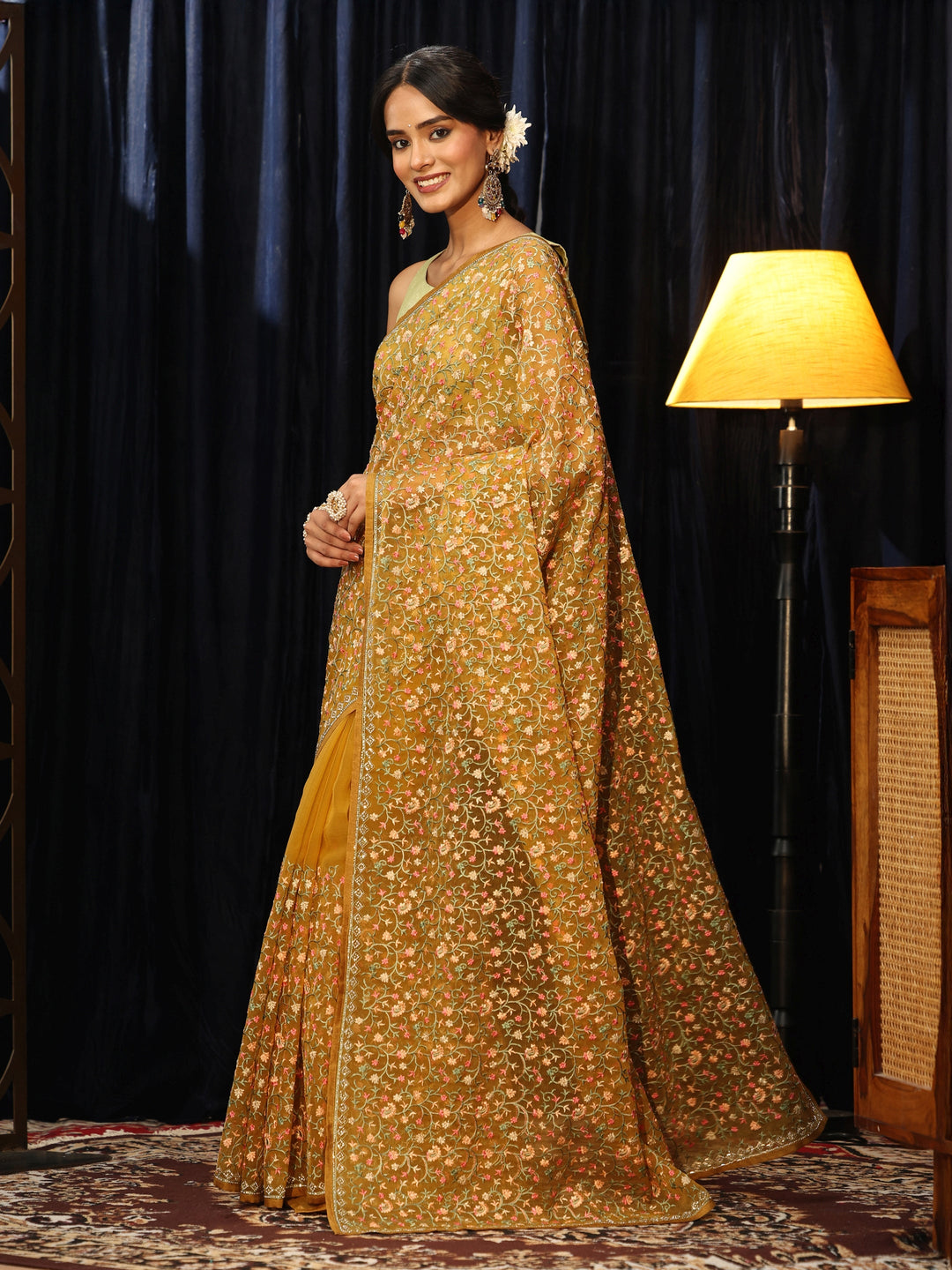 Libas Mustard Floral Embroidered Chiffon Saree