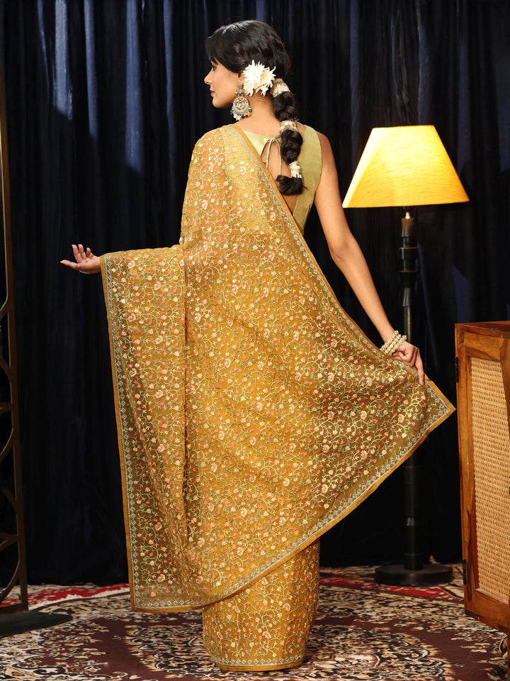 Libas Mustard Floral Embroidered Chiffon Saree