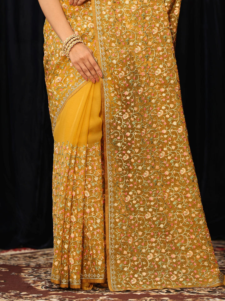 Libas Mustard Floral Embroidered Chiffon Saree