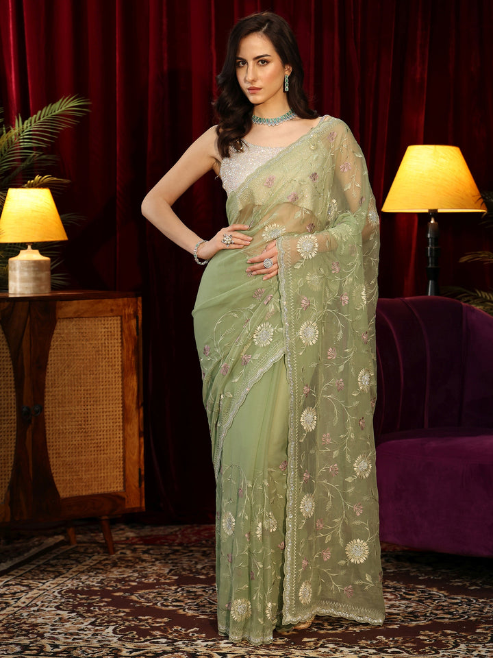 Libas Sage Green Floral Embroidered Chiffon Saree
