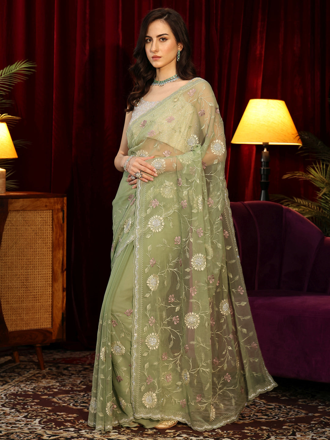 Libas Sage Green Floral Embroidered Chiffon Saree