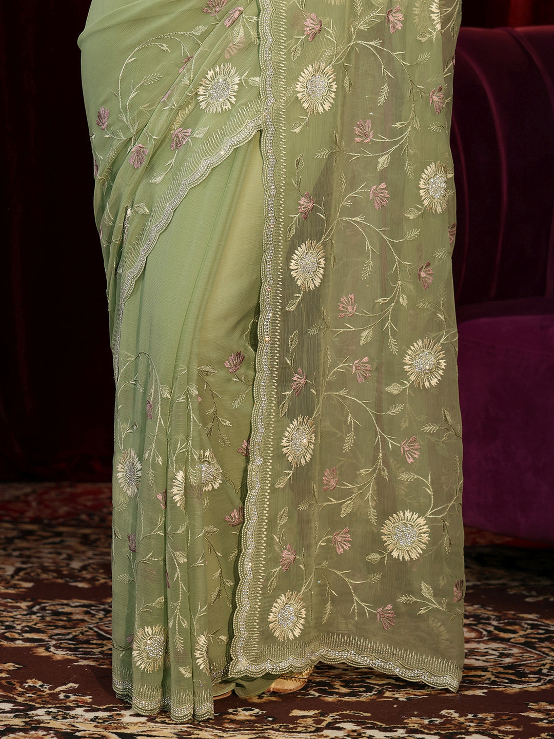 Libas Sage Green Floral Embroidered Chiffon Saree