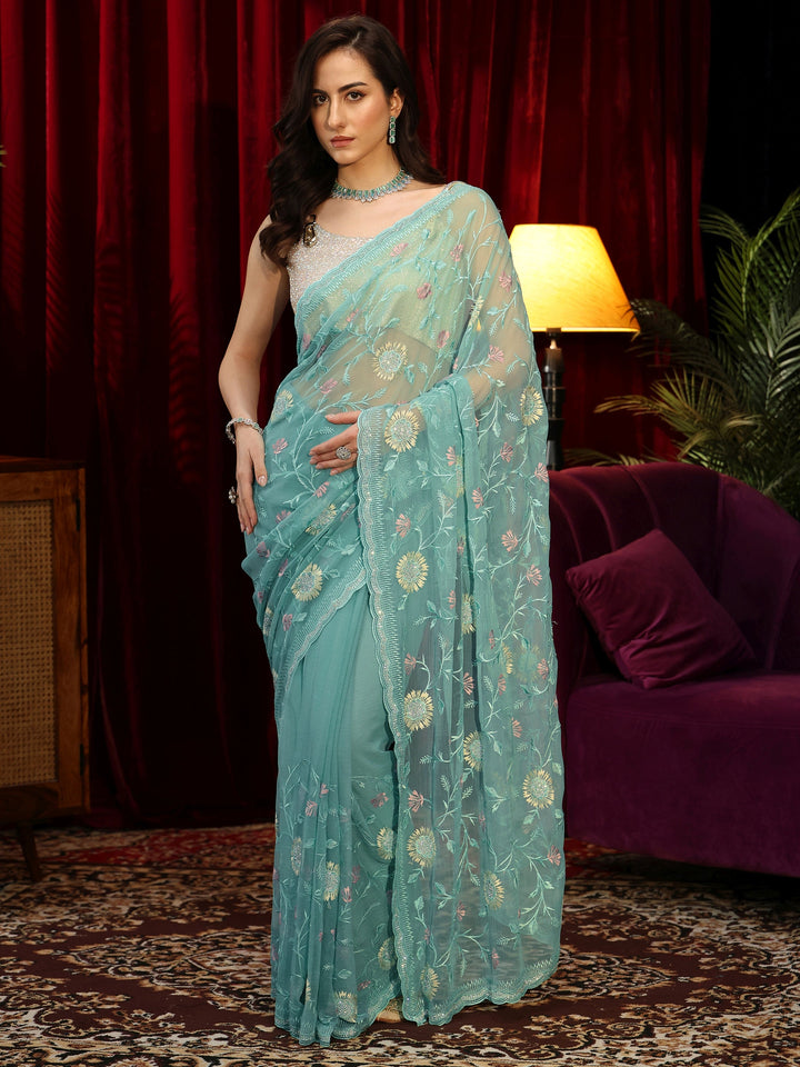 Libas Sky Blue Floral Embroidered Chiffon Saree