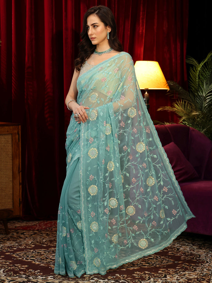 Libas Sky Blue Floral Embroidered Chiffon Saree