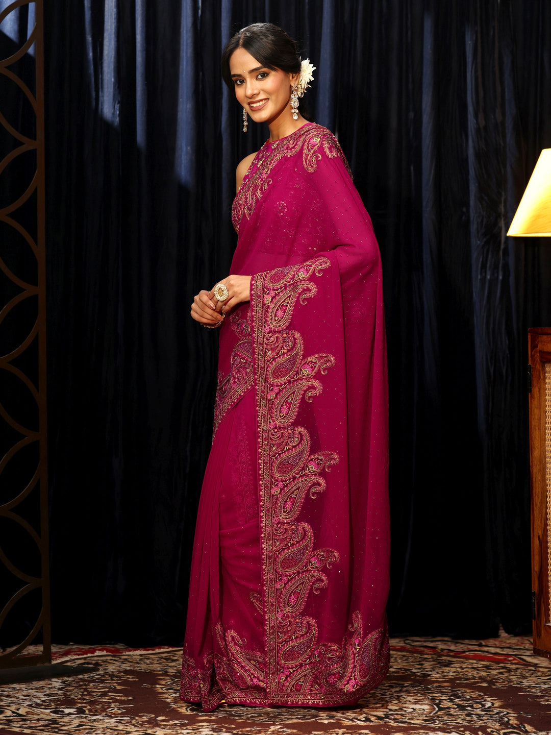 Libas Aari Embroidered Magenta Pink Georgette Saree