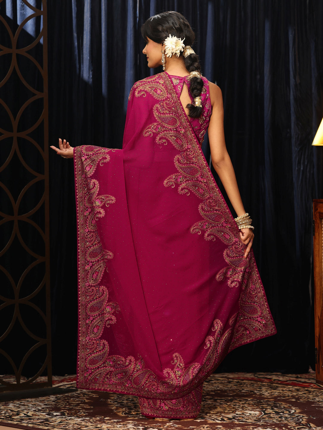Libas Aari Embroidered Magenta Pink Georgette Saree