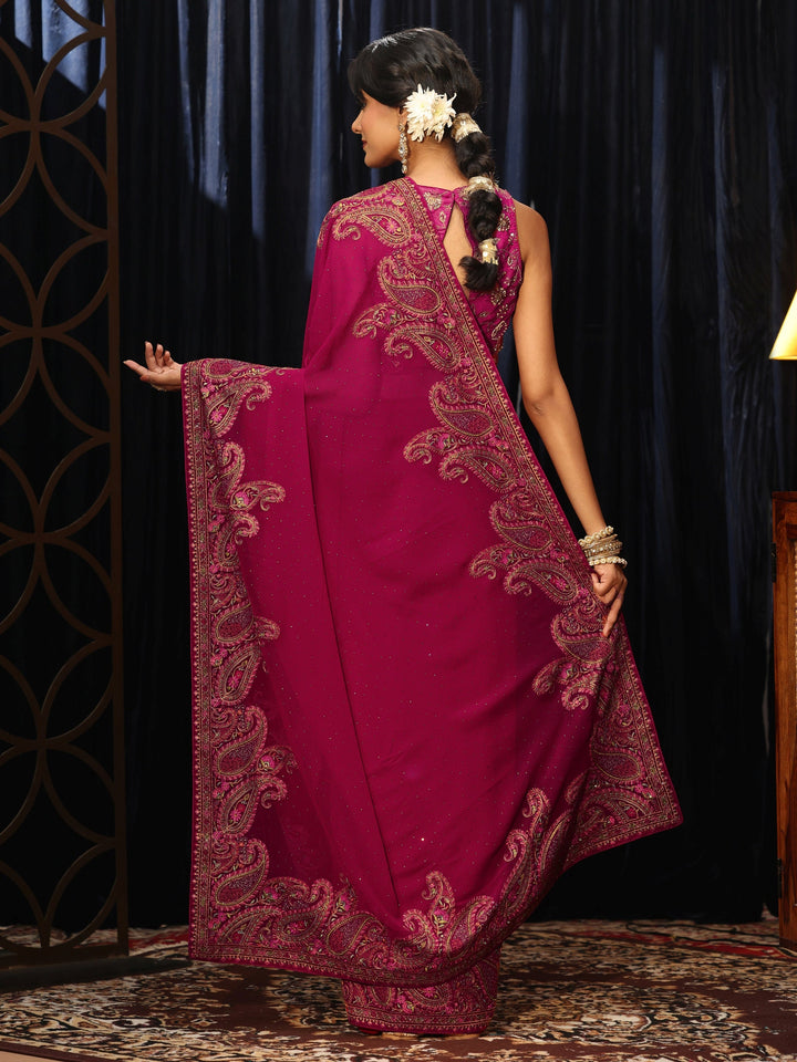 Libas Aari Embroidered Magenta Pink Georgette Saree